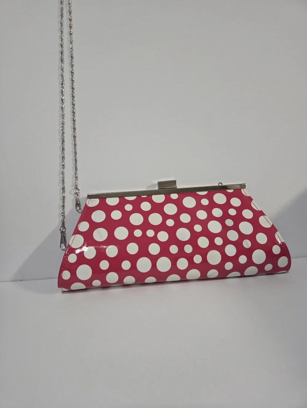Neiman Marcus Pink White Polka Dot Patent Clutch Purse With Chain Strap